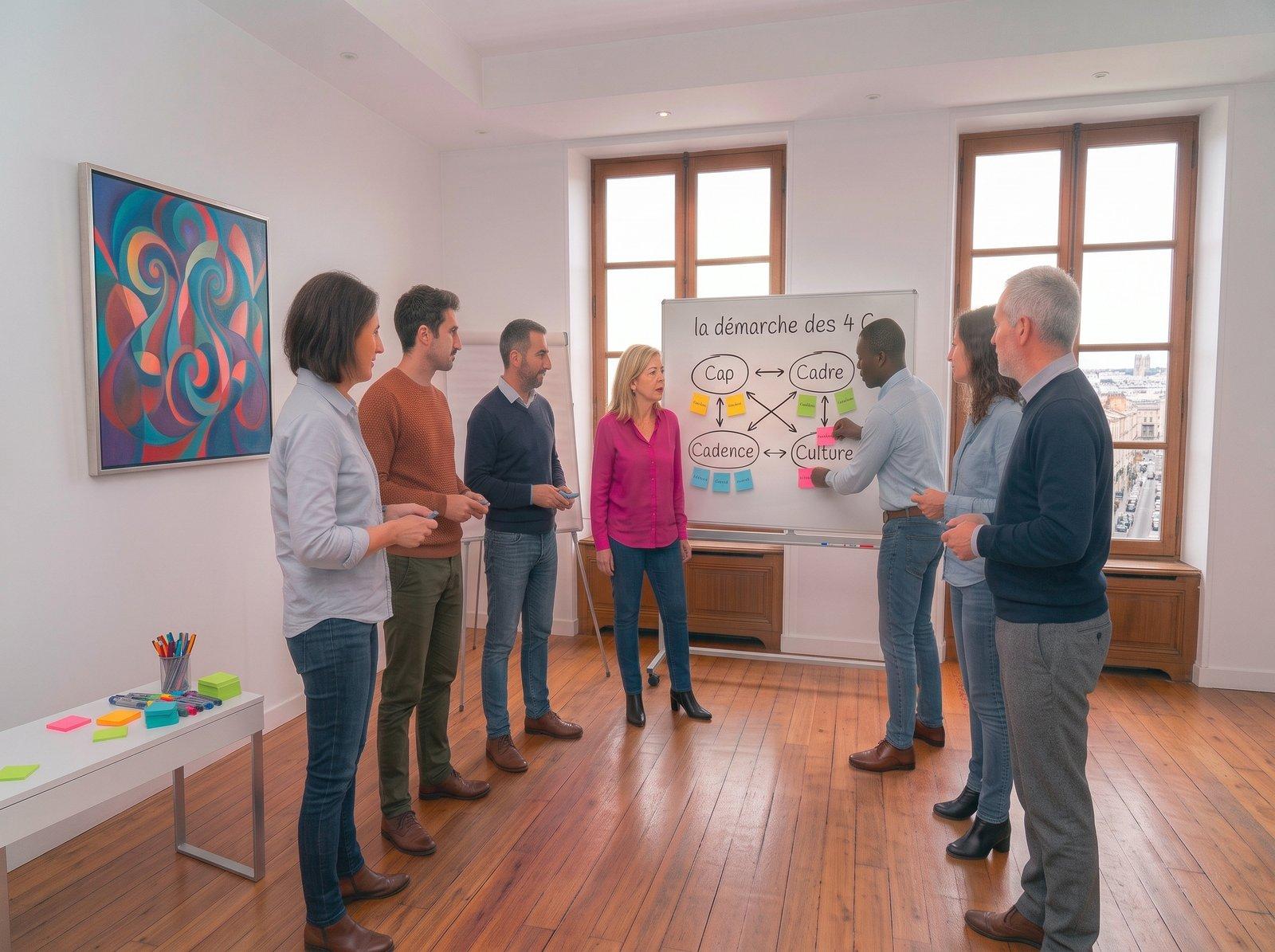Sept personnes debout en demi-cercle devant un tableau blanc où sont dessinés Cap, Cadre, Cadence et Culture, reliés par des flèches et entourés de post-it de couleurs.