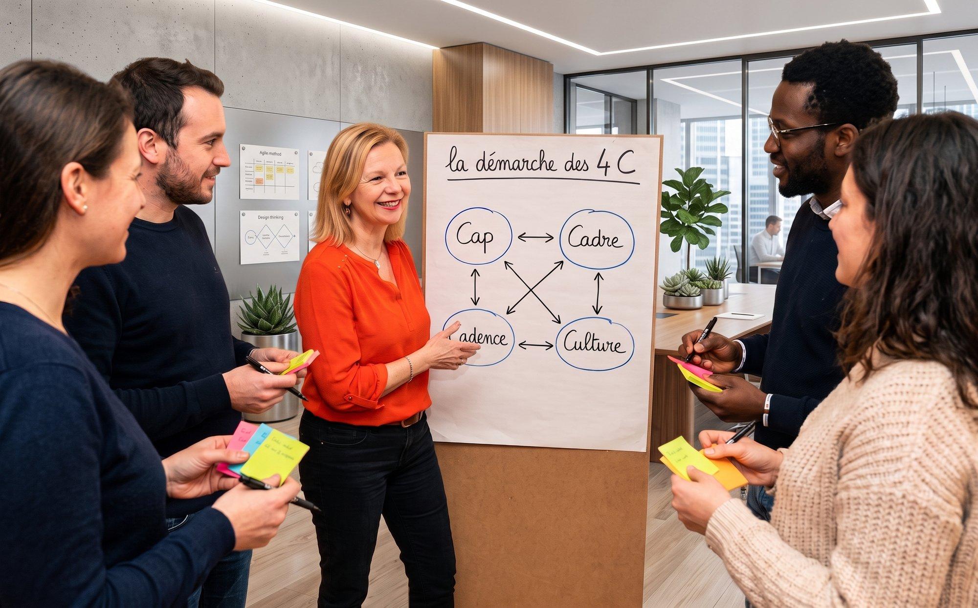 Cinq personnes réunies debout autour d'un paperboard intitulé « la démarche des 4 C », qui relie Cap, Cadre, Cadence et Culture par des flèches, dans une salle de réunion contemporaine aux murs de béton et à la cloison vitrée.